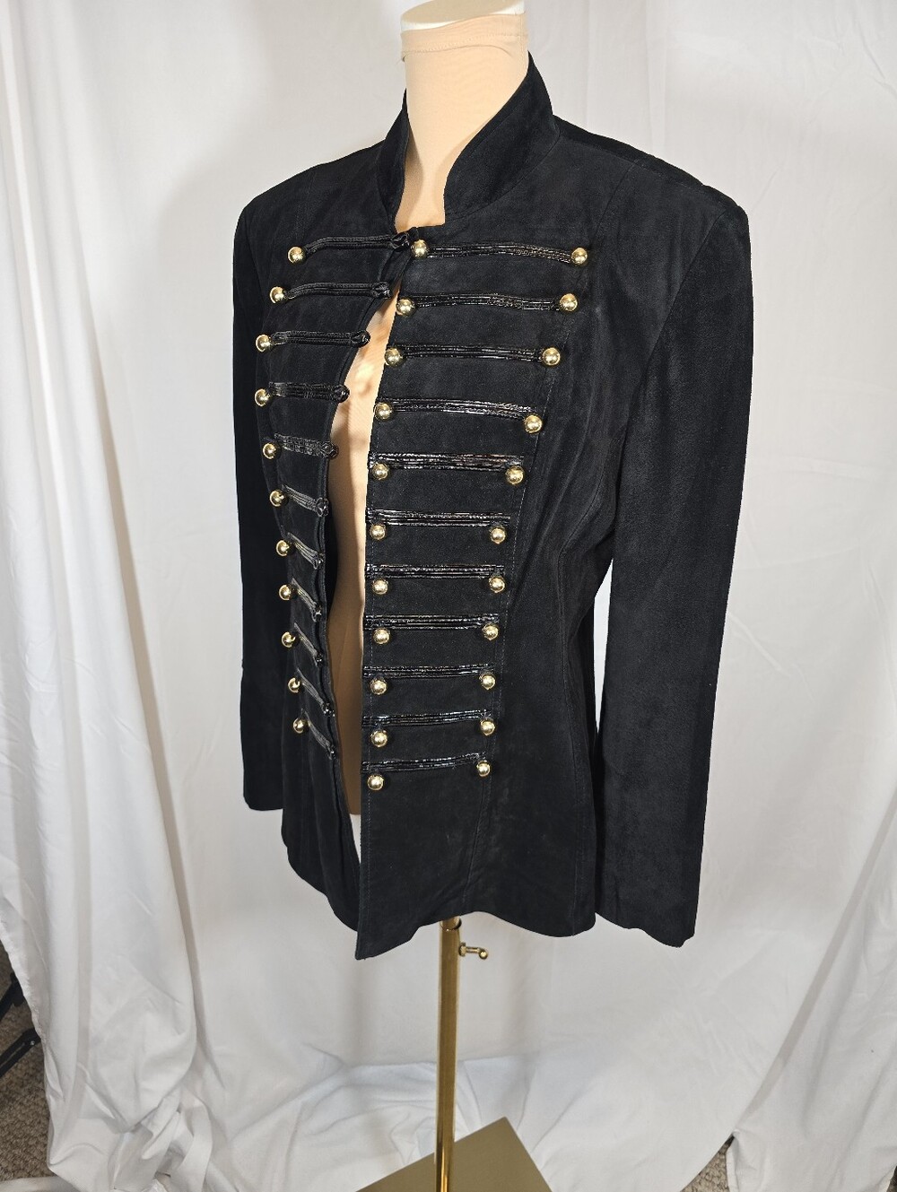 Vintage Saks Fifth Avenue Suede Black Military-Style Jacket with Gold Buttons
